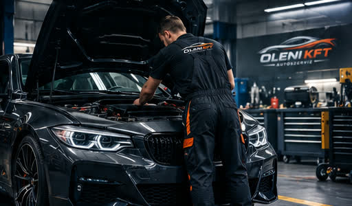 Szerelő munka közben egy BMW-n az Oleni Kft. szervizében